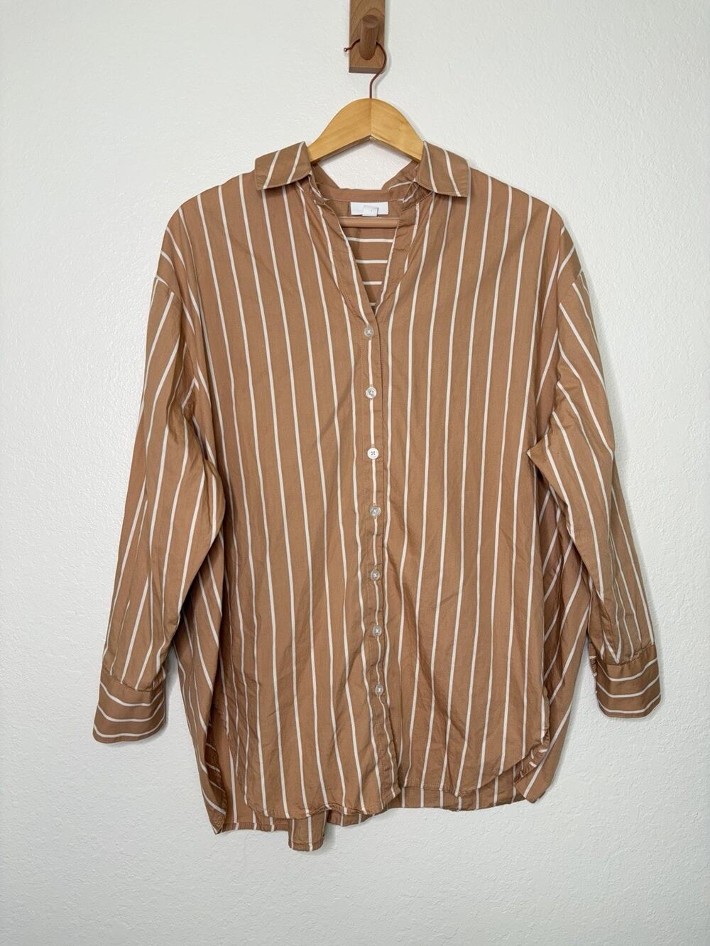 J. Jill Tan White Striped Oversized Cotton Button Up Shirt Size Medium